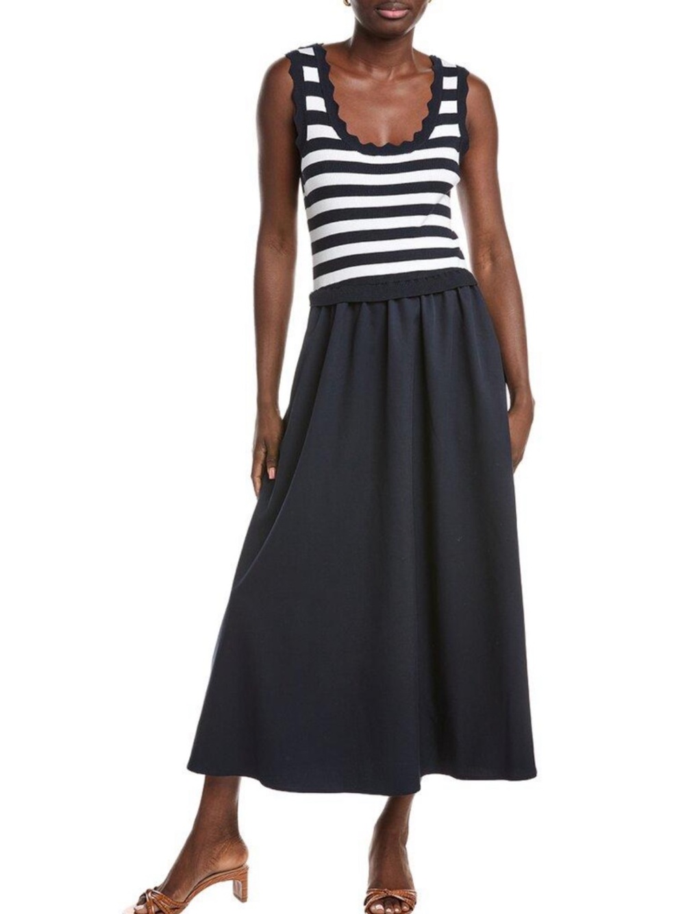 Ellen Tracy Navy White Striped Knit Maxi Dress XS New Pocket Nautical Sleeveless